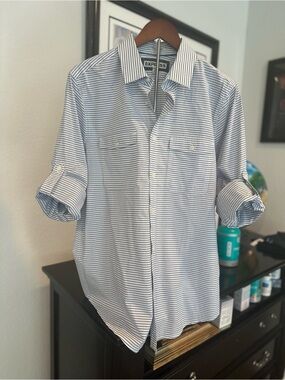 Express Men's Striped Roll-Tab Sleeve Shirt Size L Blue White Button Up EUC